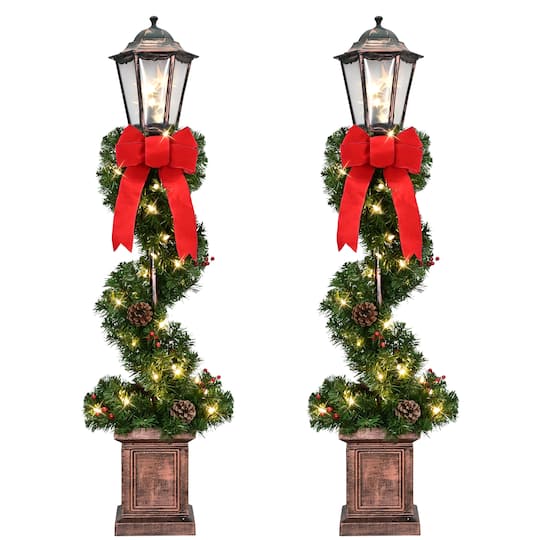 Puleo International 4Ft Pre-Lit Artificial Lamp Post Trees with Decorative Plastic Base, 2ct. in Red | 4 ft | Michaels®